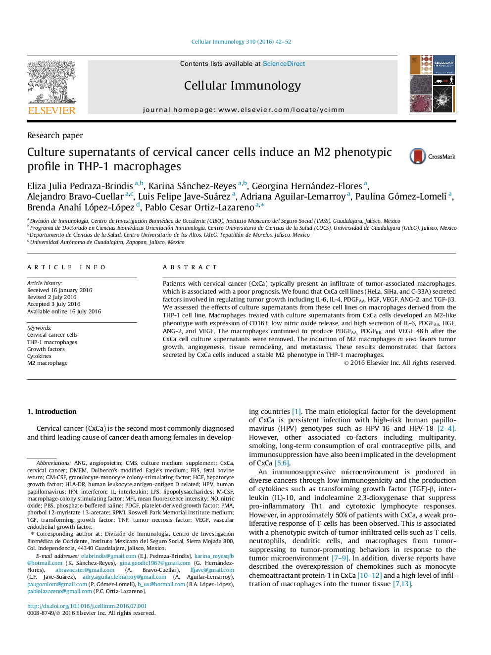 Research paperCulture supernatants of cervical cancer cells induce an M2 phenotypic profile in THP-1 macrophages