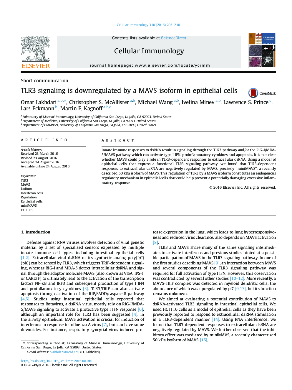 Short communicationTLR3 signaling is downregulated by a MAVS isoform in epithelial cells