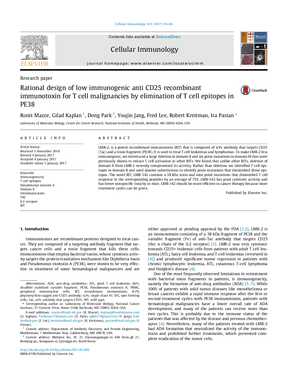 Research paperRational design of low immunogenic anti CD25 recombinant immunotoxin for T cell malignancies by elimination of T cell epitopes in PE38