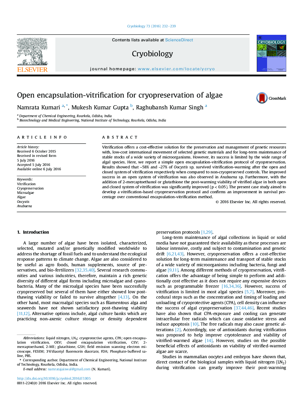 Open encapsulation-vitrification for cryopreservation of algae