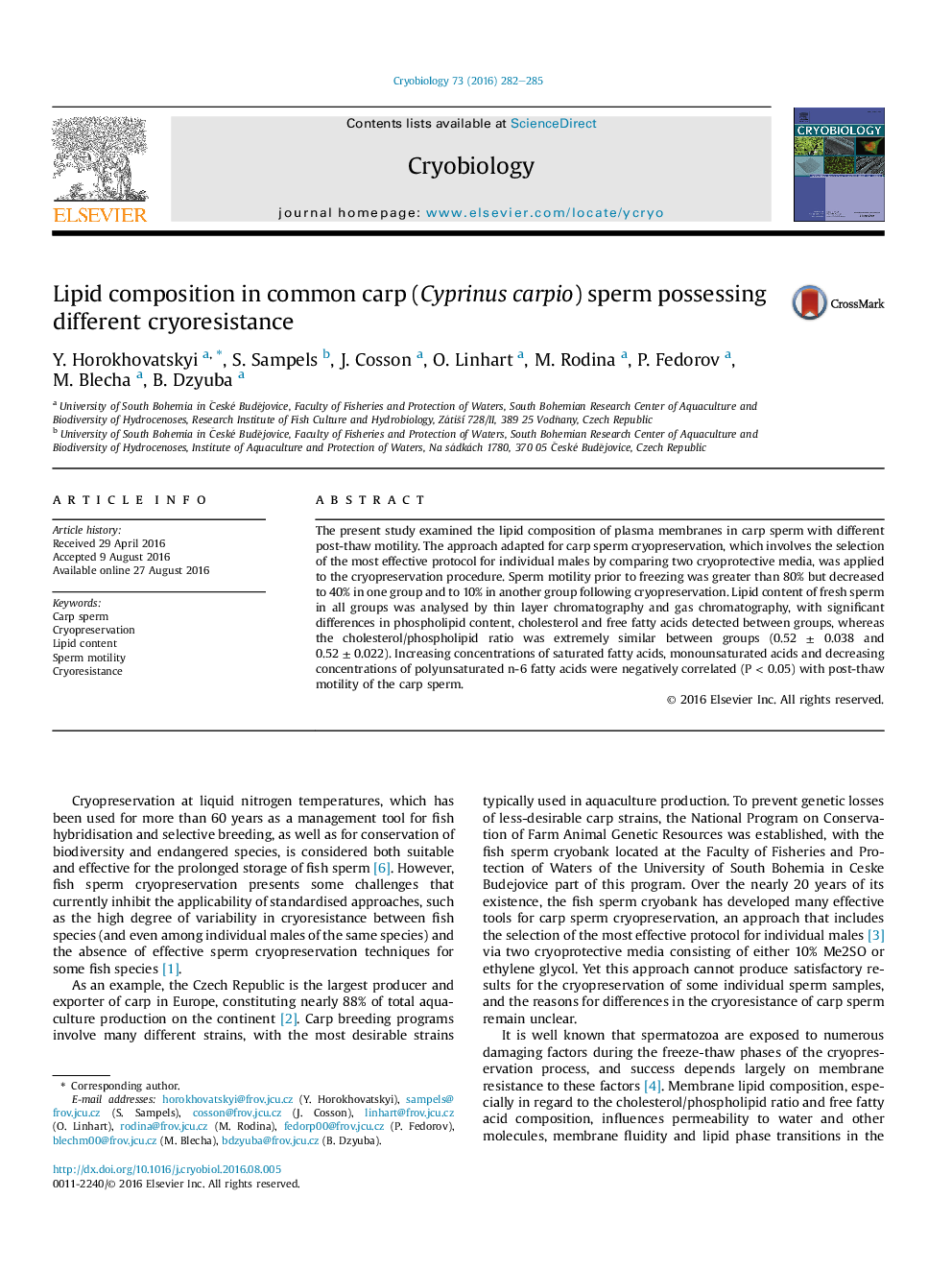 Lipid composition in common carp (Cyprinus carpio) sperm possessing different cryoresistance