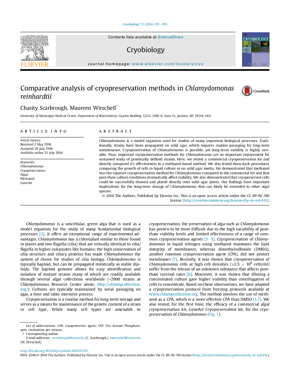 Comparative analysis of cryopreservation methods in Chlamydomonas reinhardtii