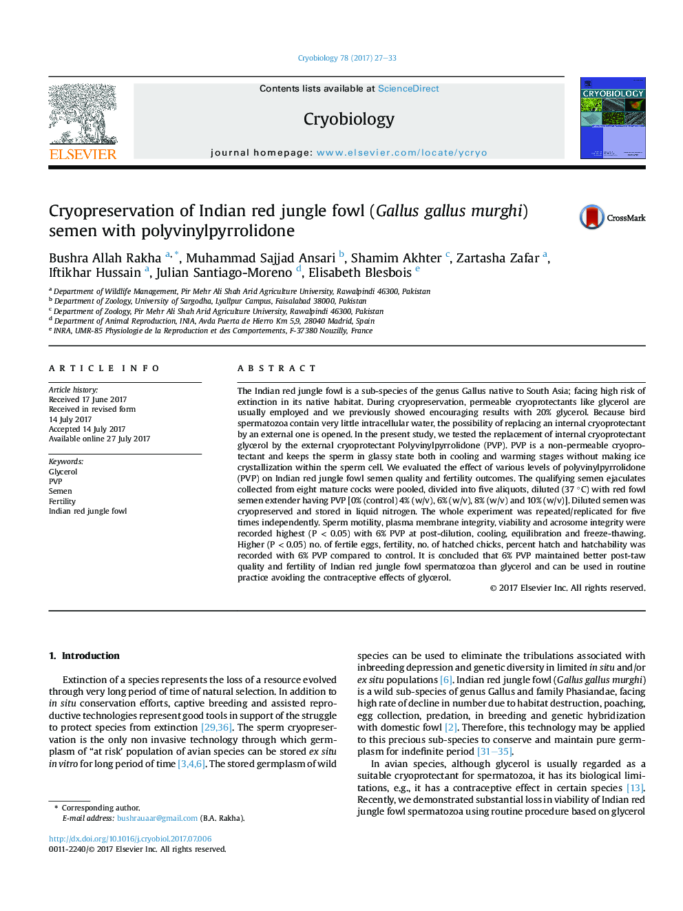 Cryopreservation of Indian red jungle fowl (Gallus gallus murghi) semen with polyvinylpyrrolidone