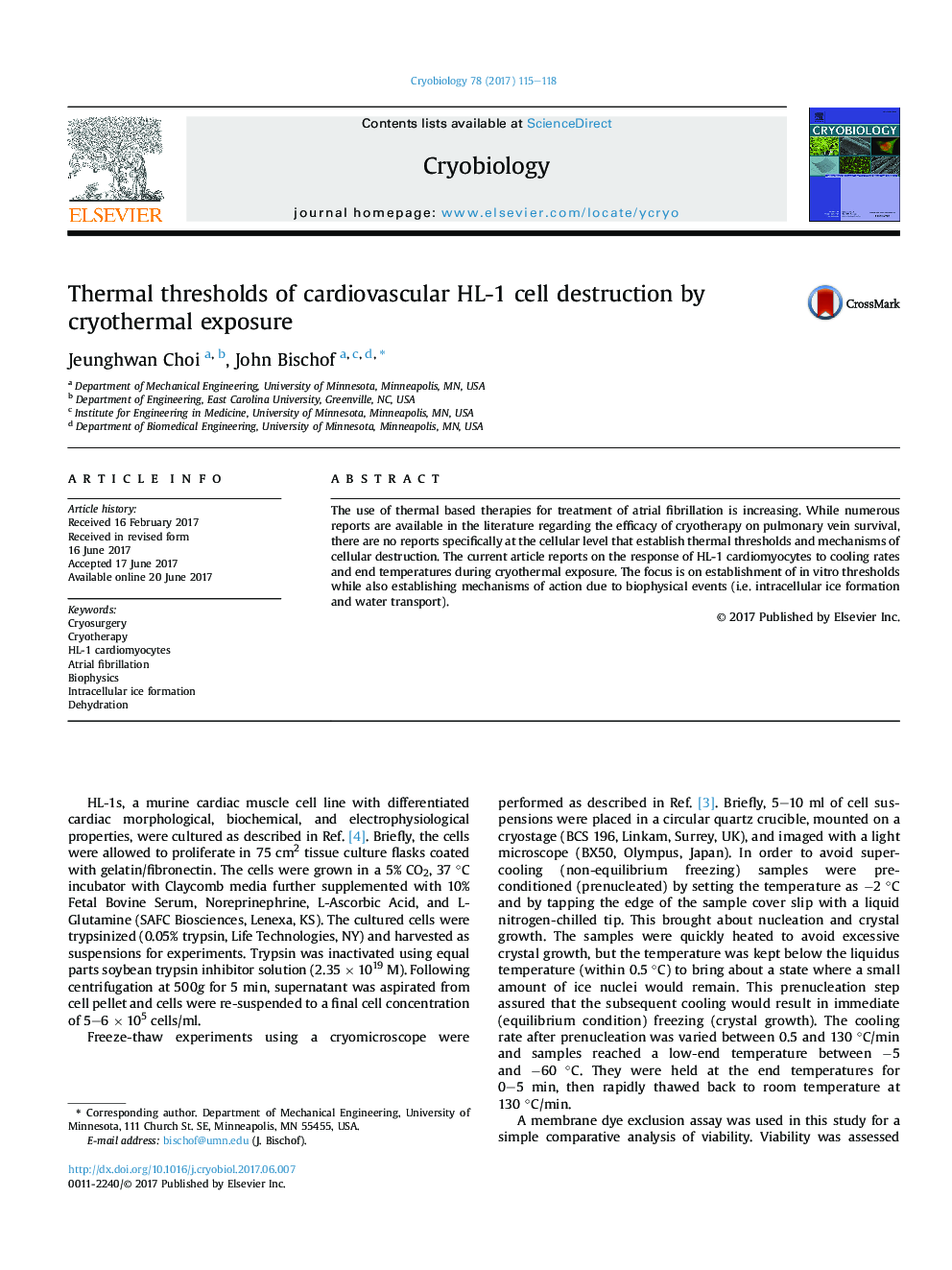 Thermal thresholds of cardiovascular HL-1 cell destruction by cryothermal exposure