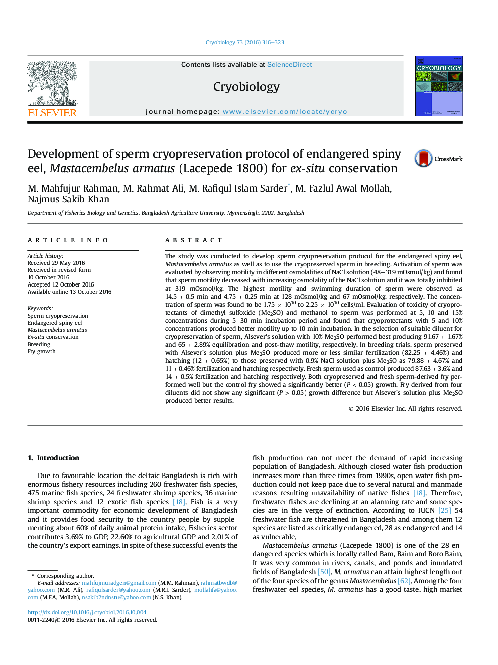 Development of sperm cryopreservation protocol of endangered spiny eel, Mastacembelus armatus (Lacepede 1800) for ex-situ conservation