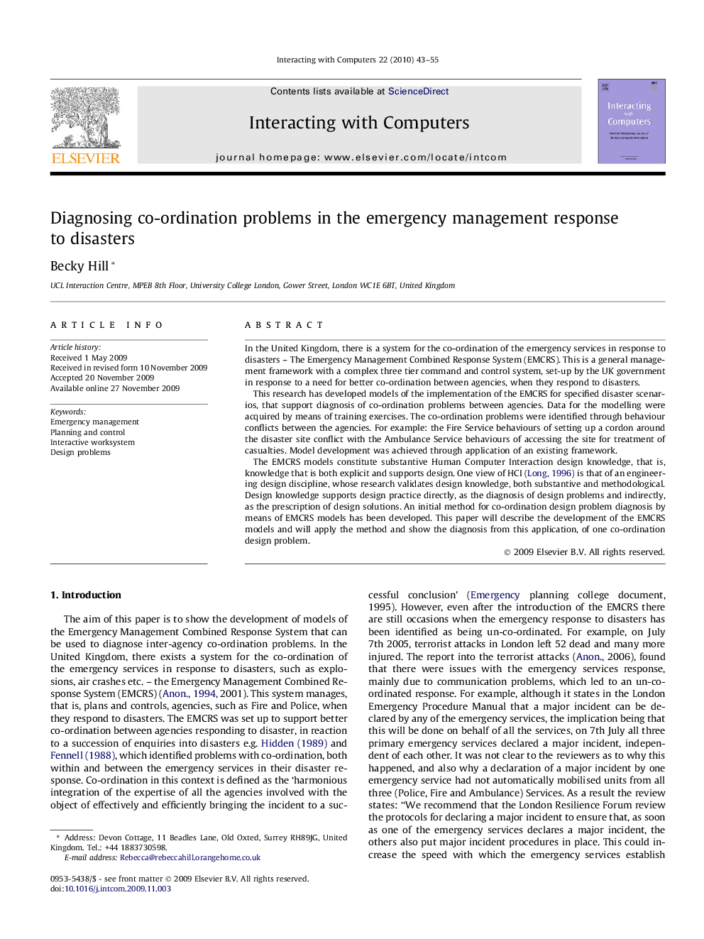 Diagnosing co-ordination problems in the emergency management response to disasters