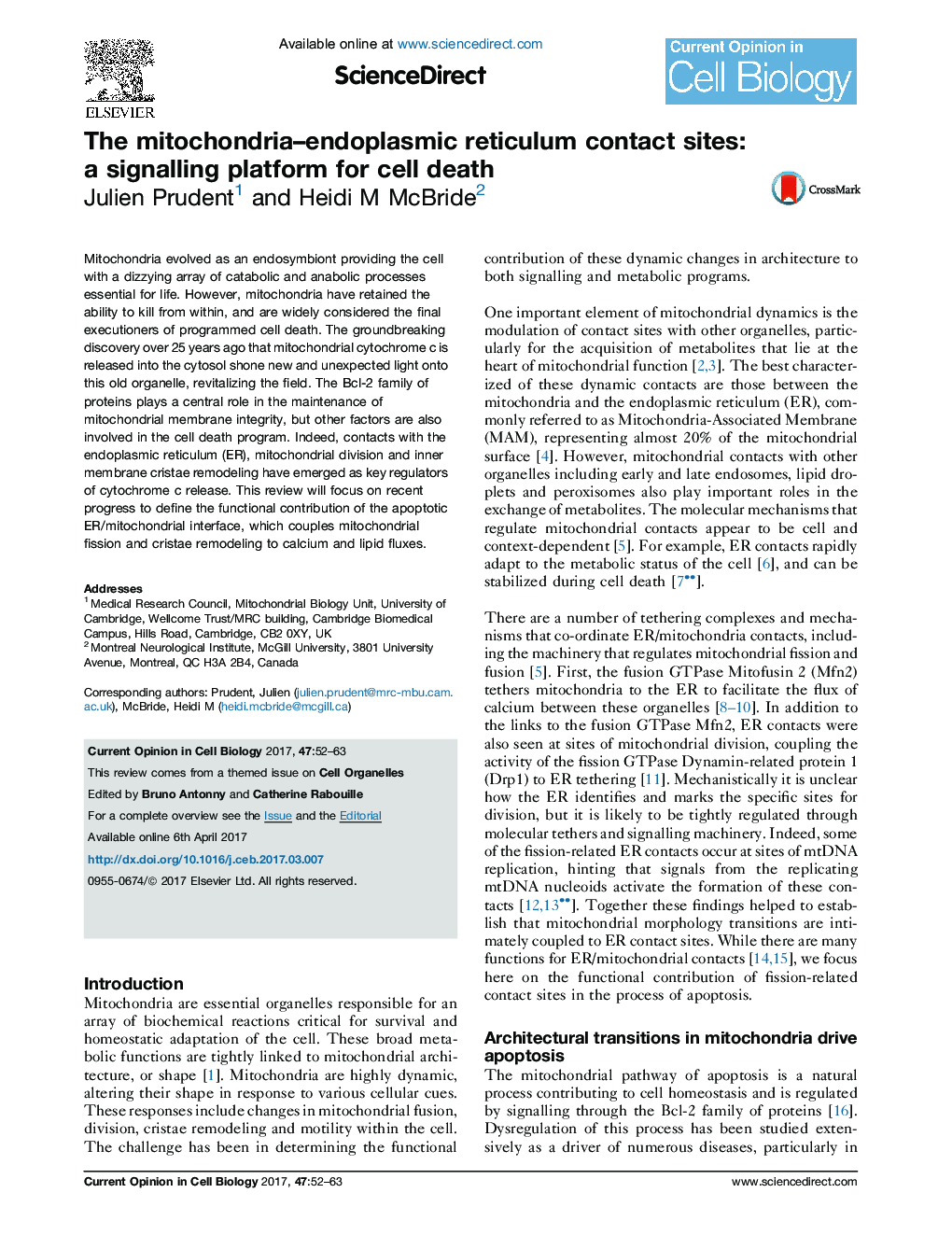 The mitochondria-endoplasmic reticulum contact sites: a signalling platform for cell death