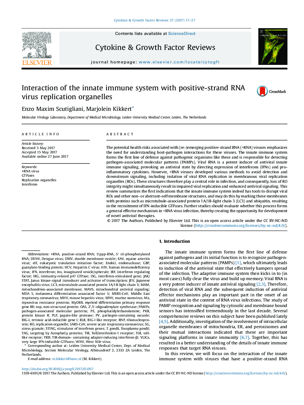 Interaction of the innate immune system with positive-strand RNA virus replication organelles