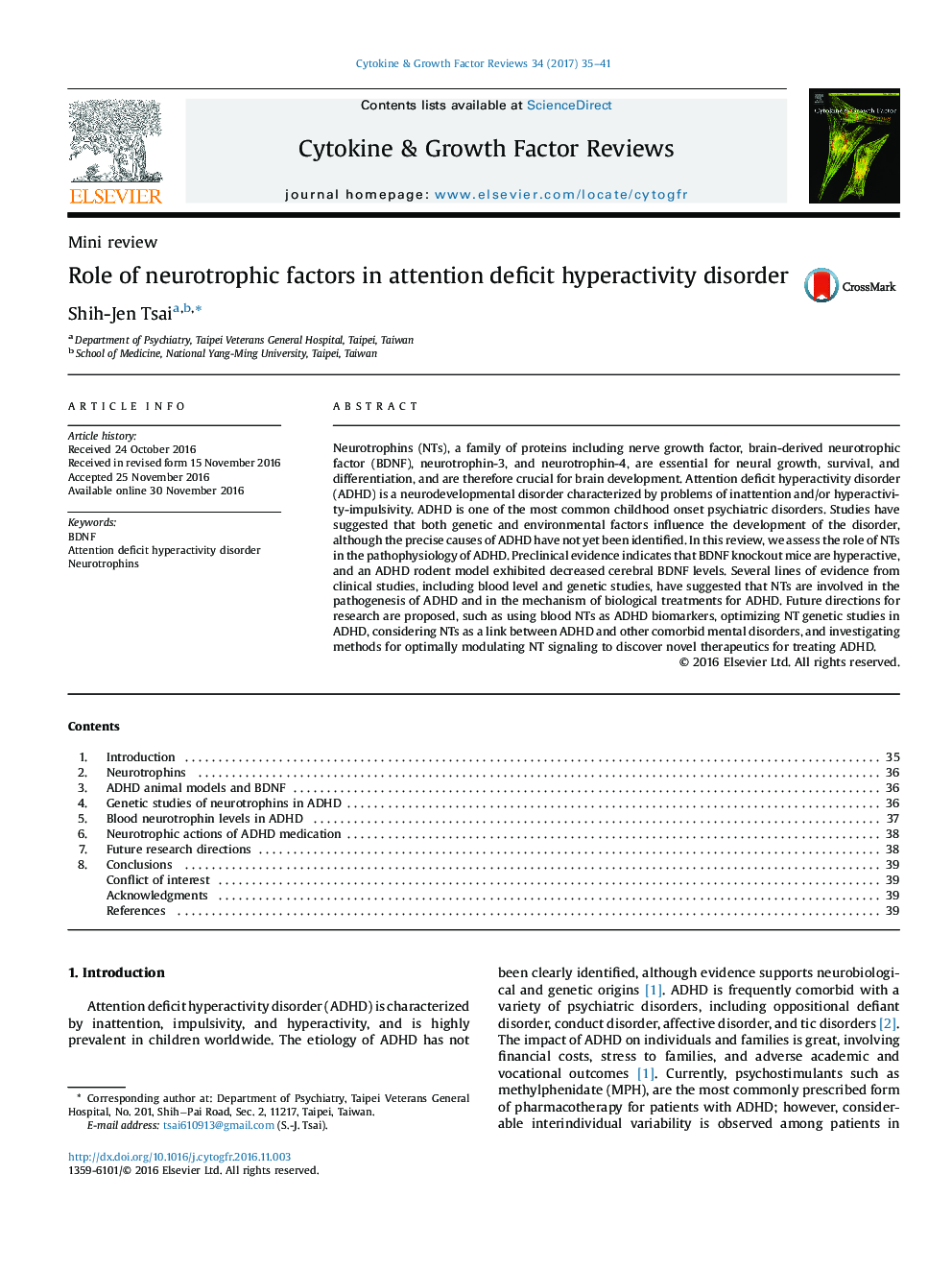 Mini reviewRole of neurotrophic factors in attention deficit hyperactivity disorder