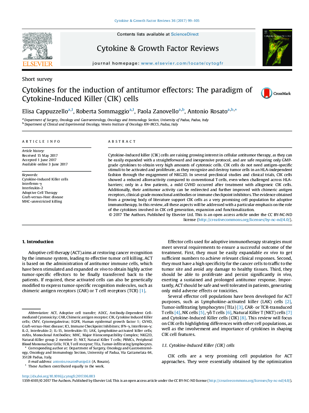 Cytokines for the induction of antitumor effectors: The paradigm of Cytokine-Induced Killer (CIK) cells