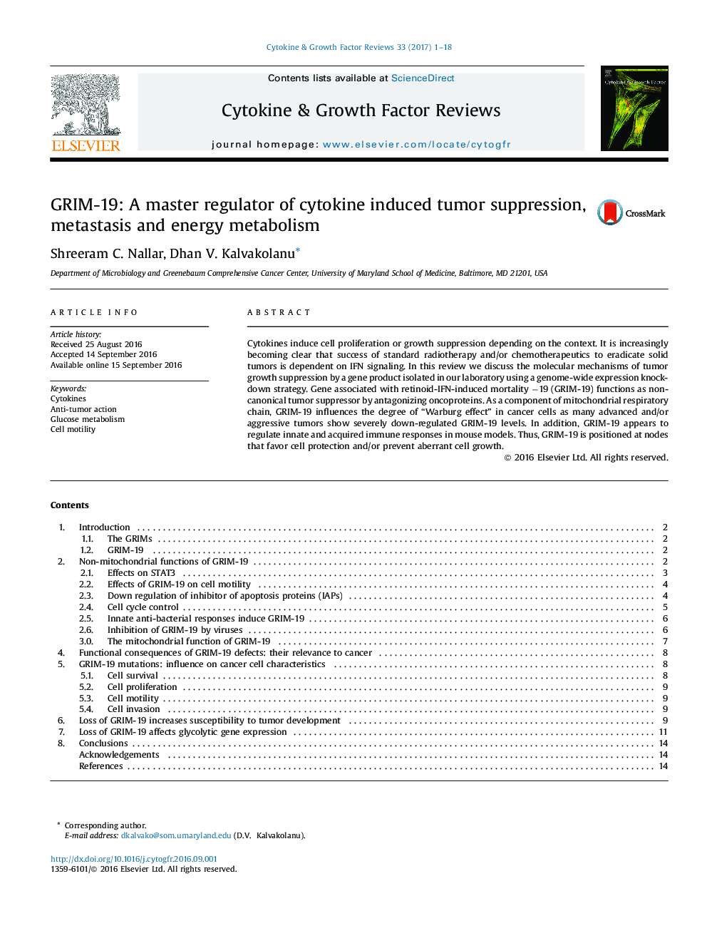 GRIM-19: A master regulator of cytokine induced tumor suppression, metastasis and energy metabolism