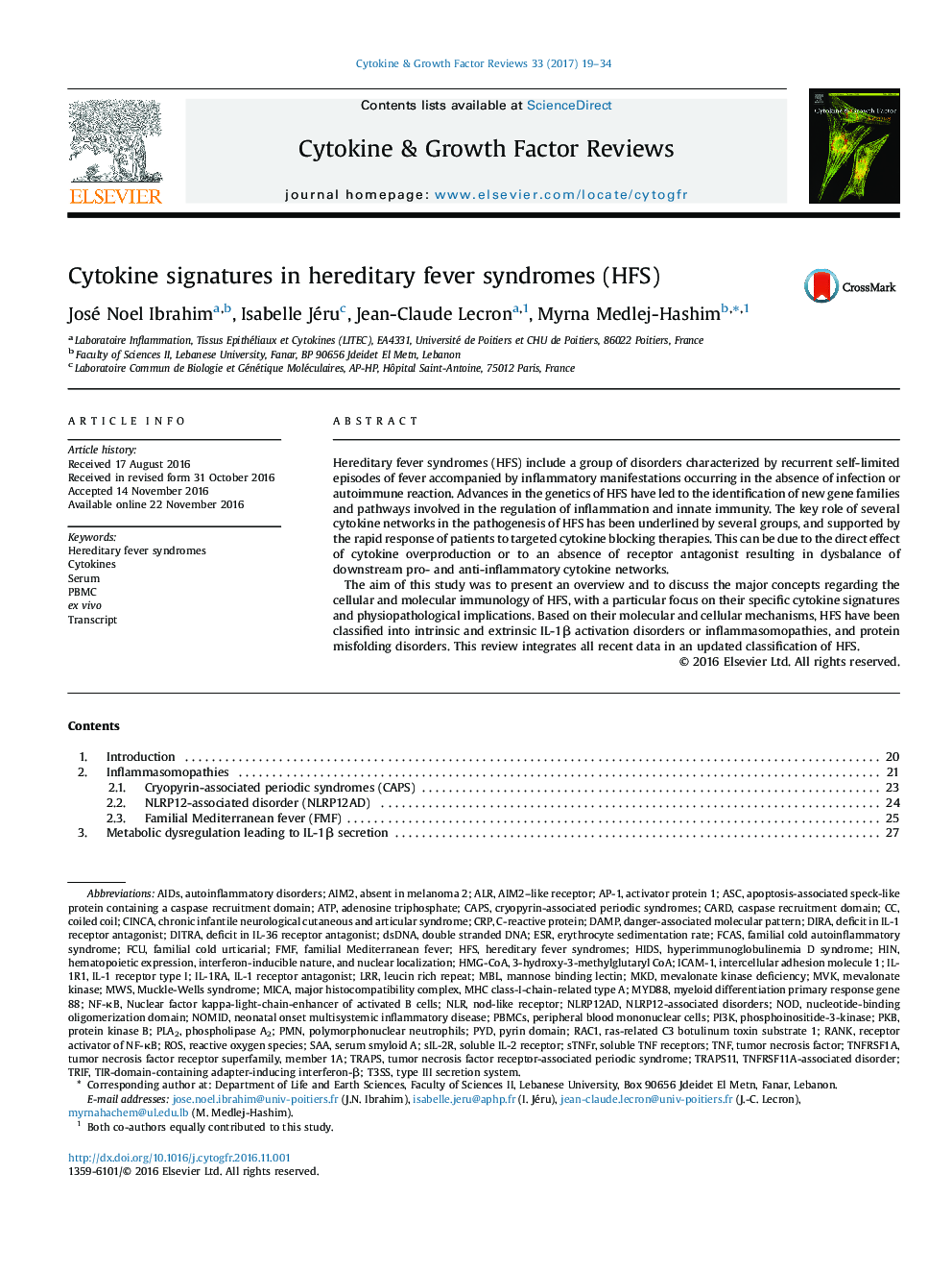 Cytokine signatures in hereditary fever syndromes (HFS)