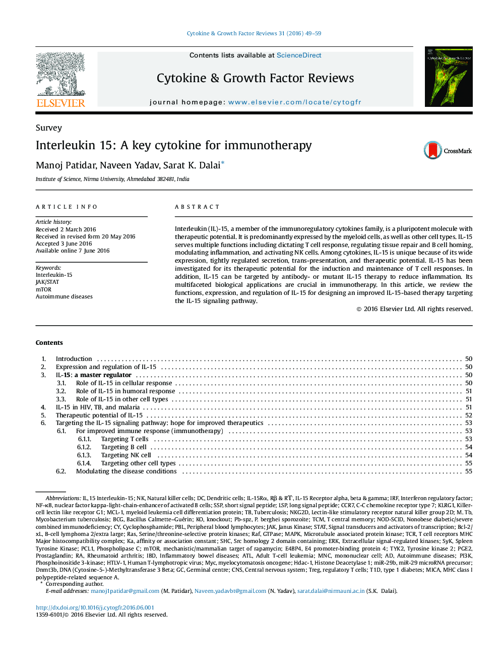 SurveyInterleukin 15: A key cytokine for immunotherapy