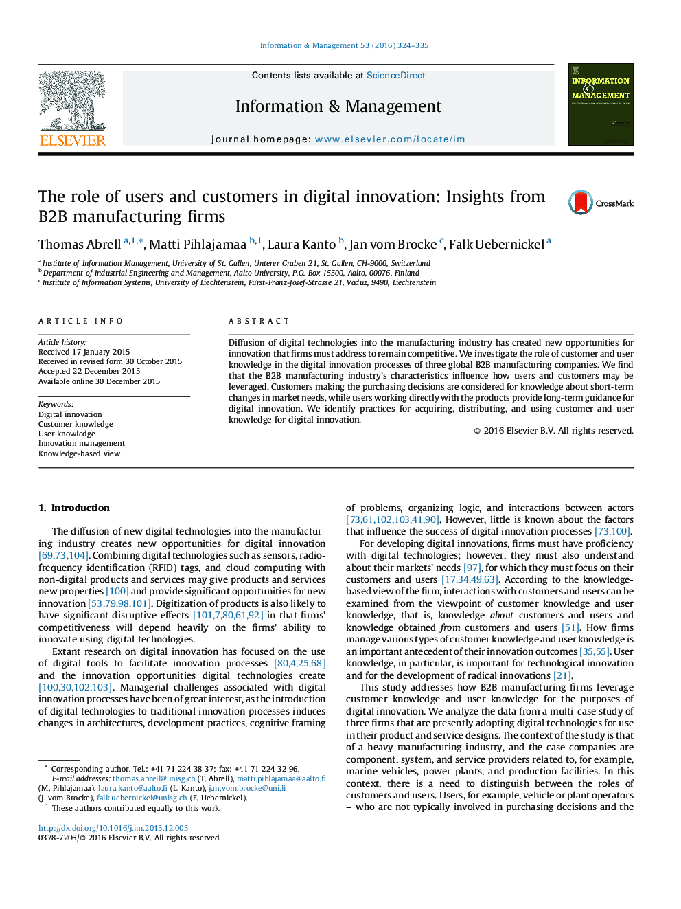 The role of users and customers in digital innovation: Insights from B2B manufacturing firms