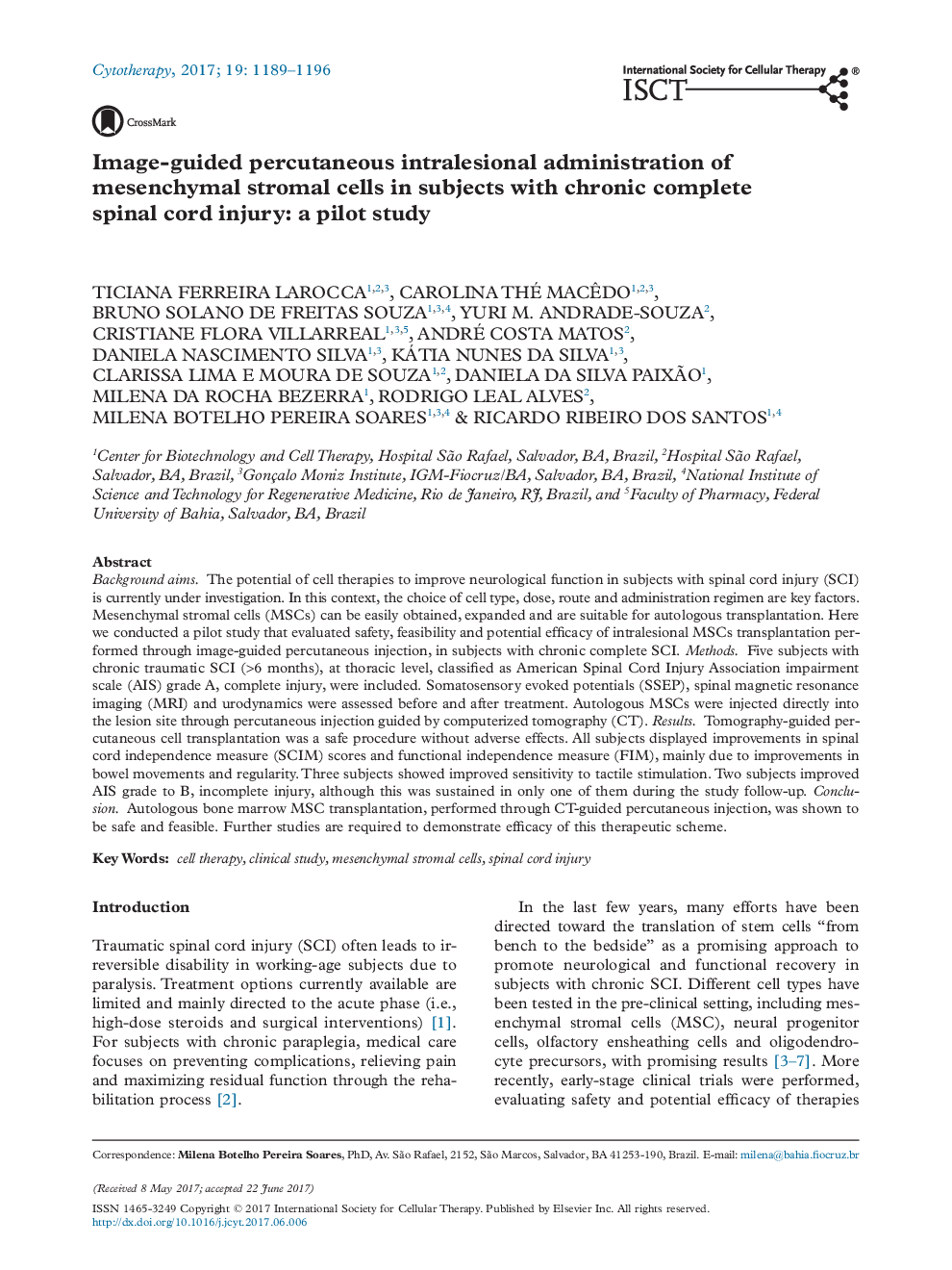 Image-guided percutaneous intralesional administration of mesenchymal stromal cells in subjects with chronic complete spinal cord injury: a pilot study