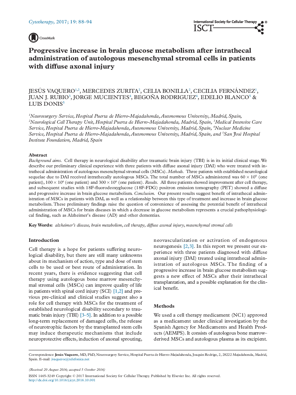 Progressive increase in brain glucose metabolism after intrathecal administration of autologous mesenchymal stromal cells in patients with diffuse axonal injury