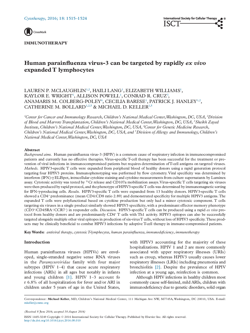 ImmunotherapyHuman parainfluenza virus-3 can be targeted by rapidly ex vivo expanded T lymphocytes