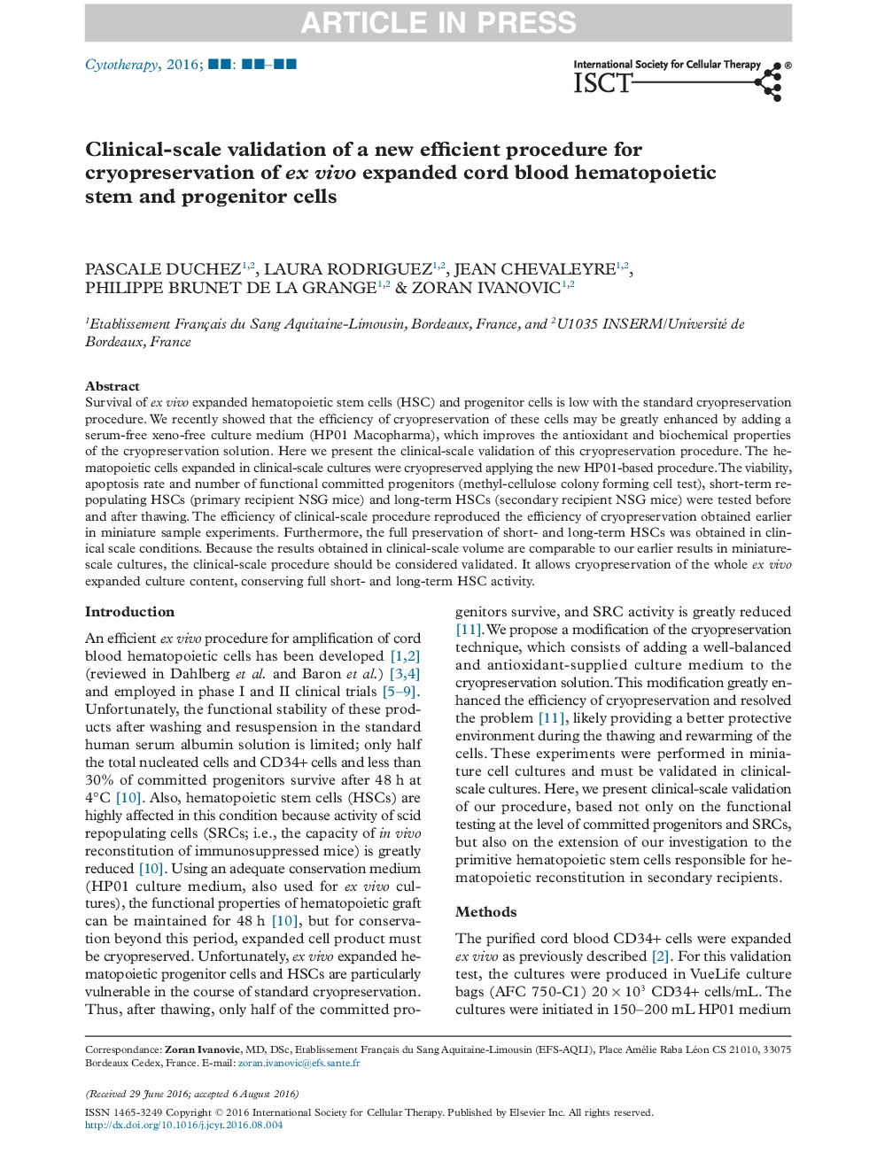 Clinical-scale validation of a new efficient procedure for cryopreservation of ex vivo expanded cord blood hematopoietic stem and progenitor cells