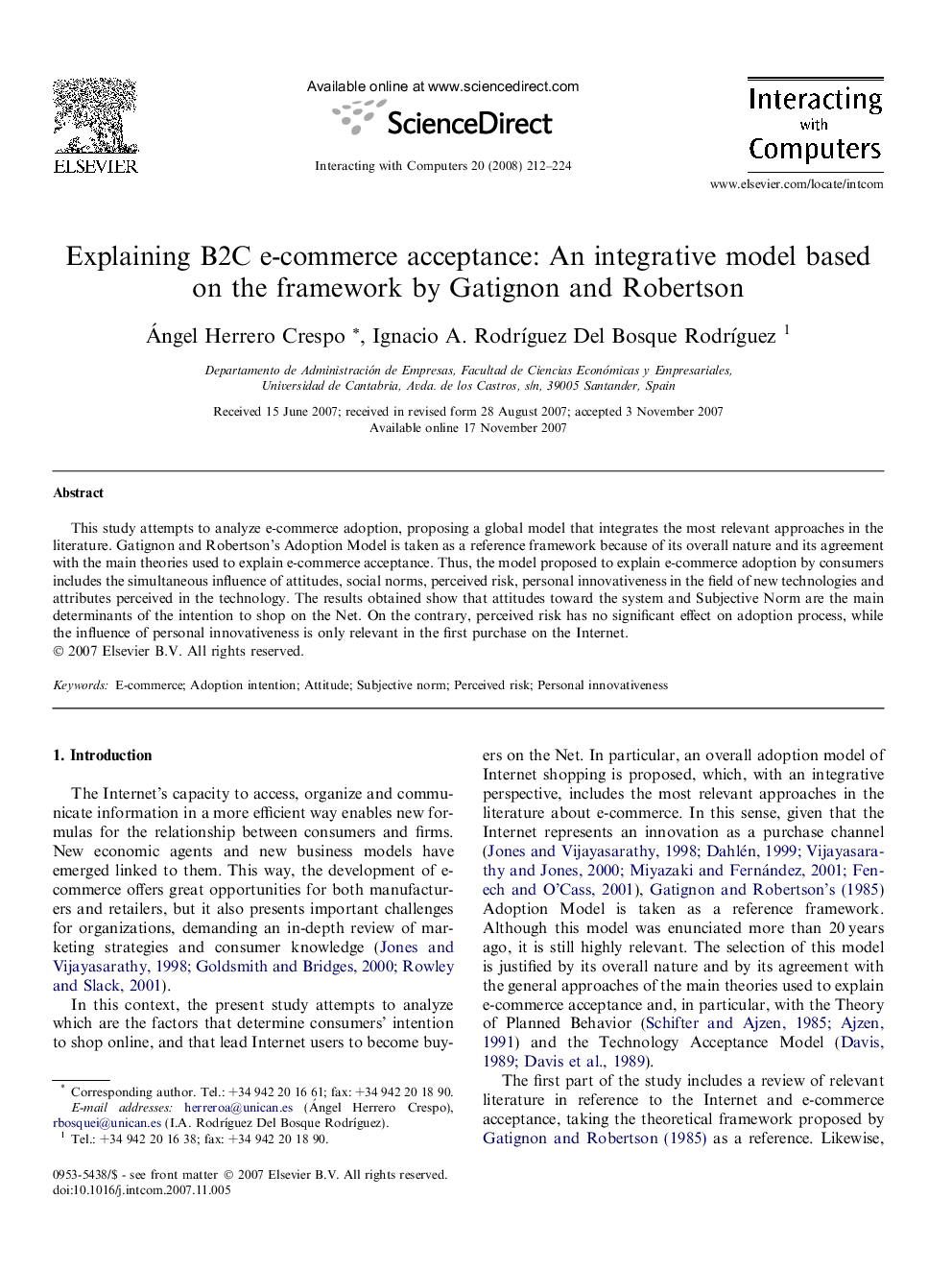 Explaining B2C e-commerce acceptance: An integrative model based on the framework by Gatignon and Robertson