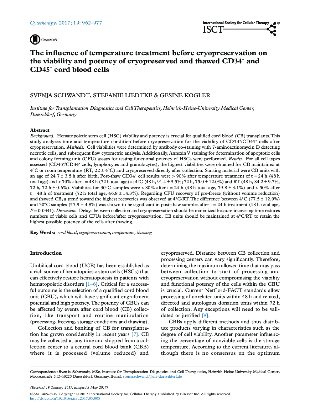 The influence of temperature treatment before cryopreservation on the viability and potency of cryopreserved and thawed CD34+ and CD45+ cord blood cells