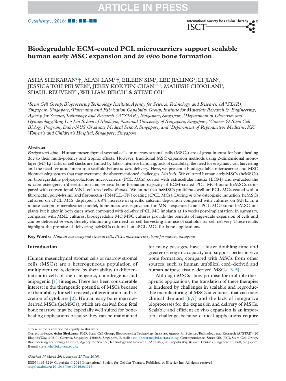 Biodegradable ECM-coated PCL microcarriers support scalable human early MSC expansion and in vivo bone formation