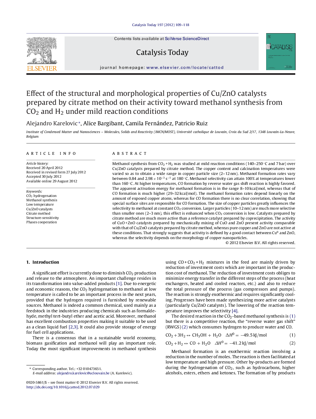 Effect of the structural and morphological properties of Cu/ZnO catalysts prepared by citrate method on their activity toward methanol synthesis from CO2 and H2 under mild reaction conditions