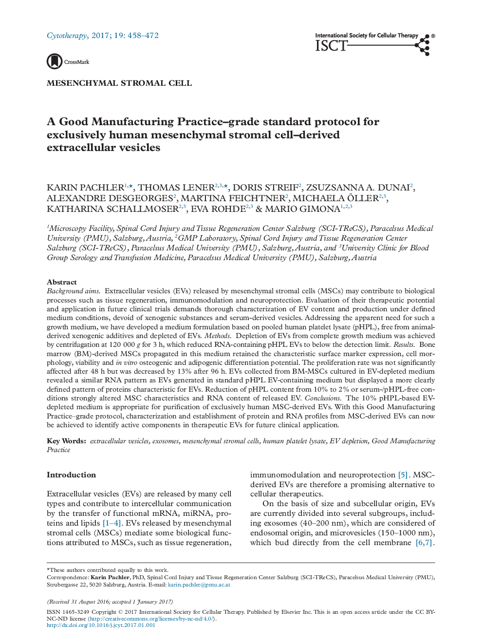 A Good Manufacturing Practice-grade standard protocol for exclusively human mesenchymal stromal cell-derived extracellular vesicles