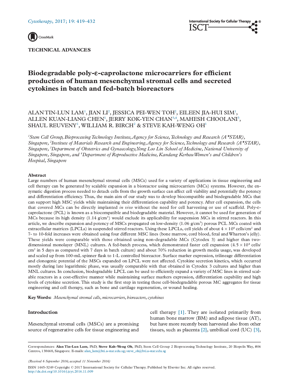 Technical AdvancesBiodegradable poly-Îµ-caprolactone microcarriers for efficient production of human mesenchymal stromal cells and secreted cytokines in batch and fed-batch bioreactors