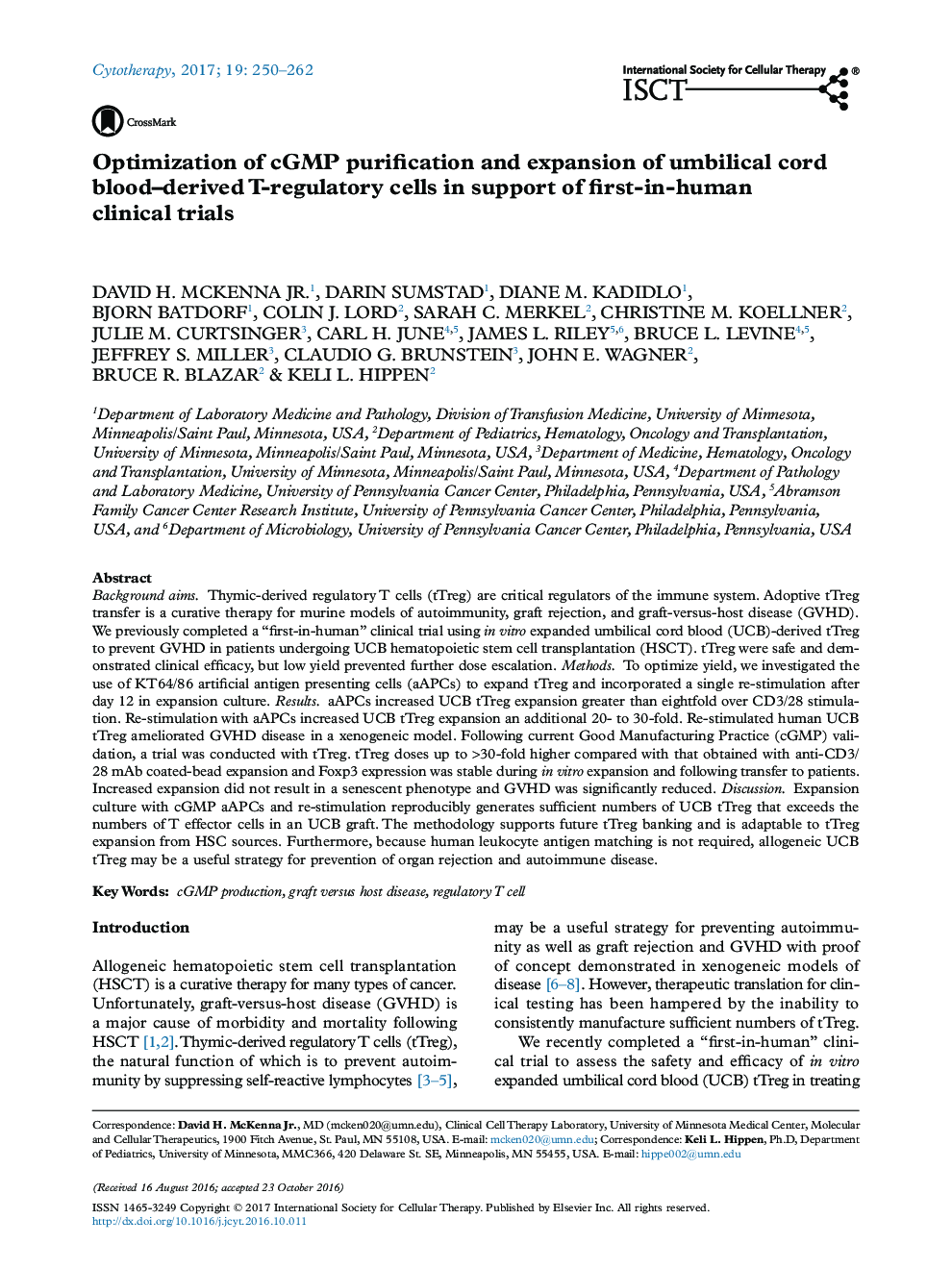 Optimization of cGMP purification and expansion of umbilical cord blood-derived T-regulatory cells in support of first-in-human clinical trials