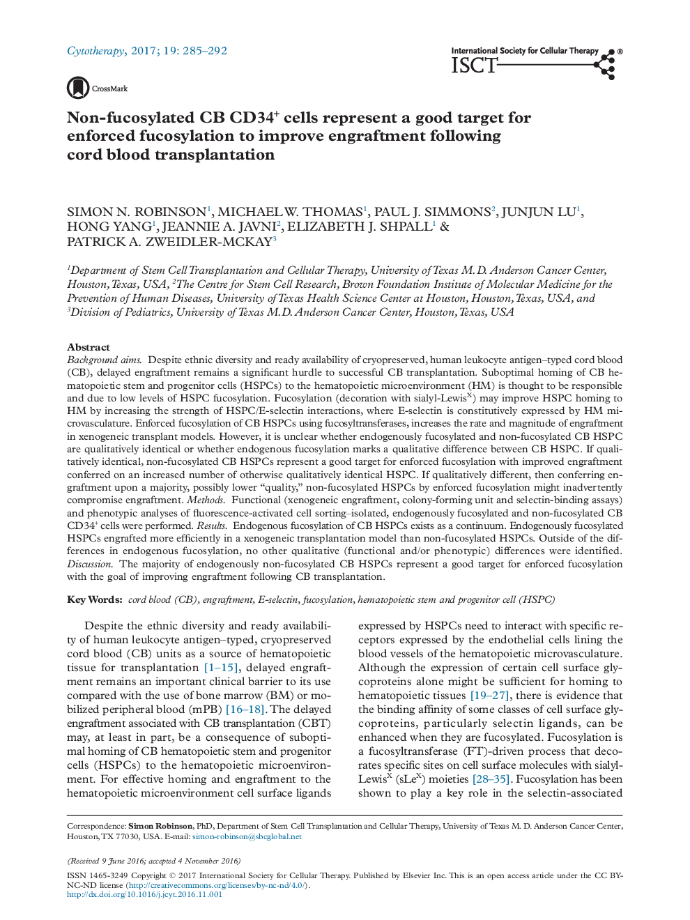 Non-fucosylated CB CD34+ cells represent a good target for enforced fucosylation to improve engraftment following cord blood transplantation