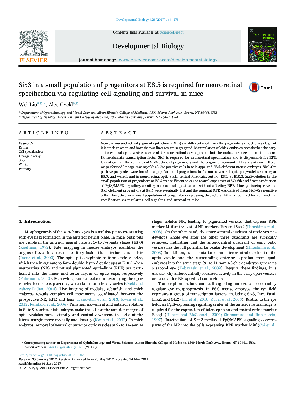 Six3 in a small population of progenitors at E8.5 is required for neuroretinal specification via regulating cell signaling and survival in mice