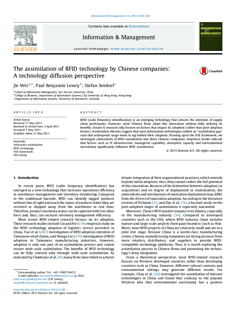 The assimilation of RFID technology by Chinese companies: A technology diffusion perspective