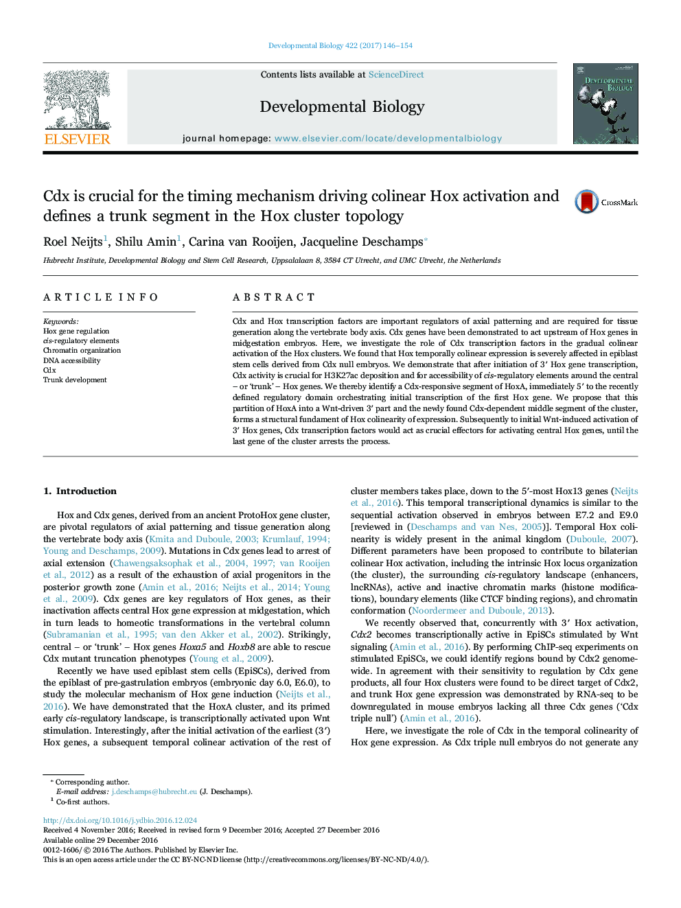 Cdx is crucial for the timing mechanism driving colinear Hox activation and defines a trunk segment in the Hox cluster topology