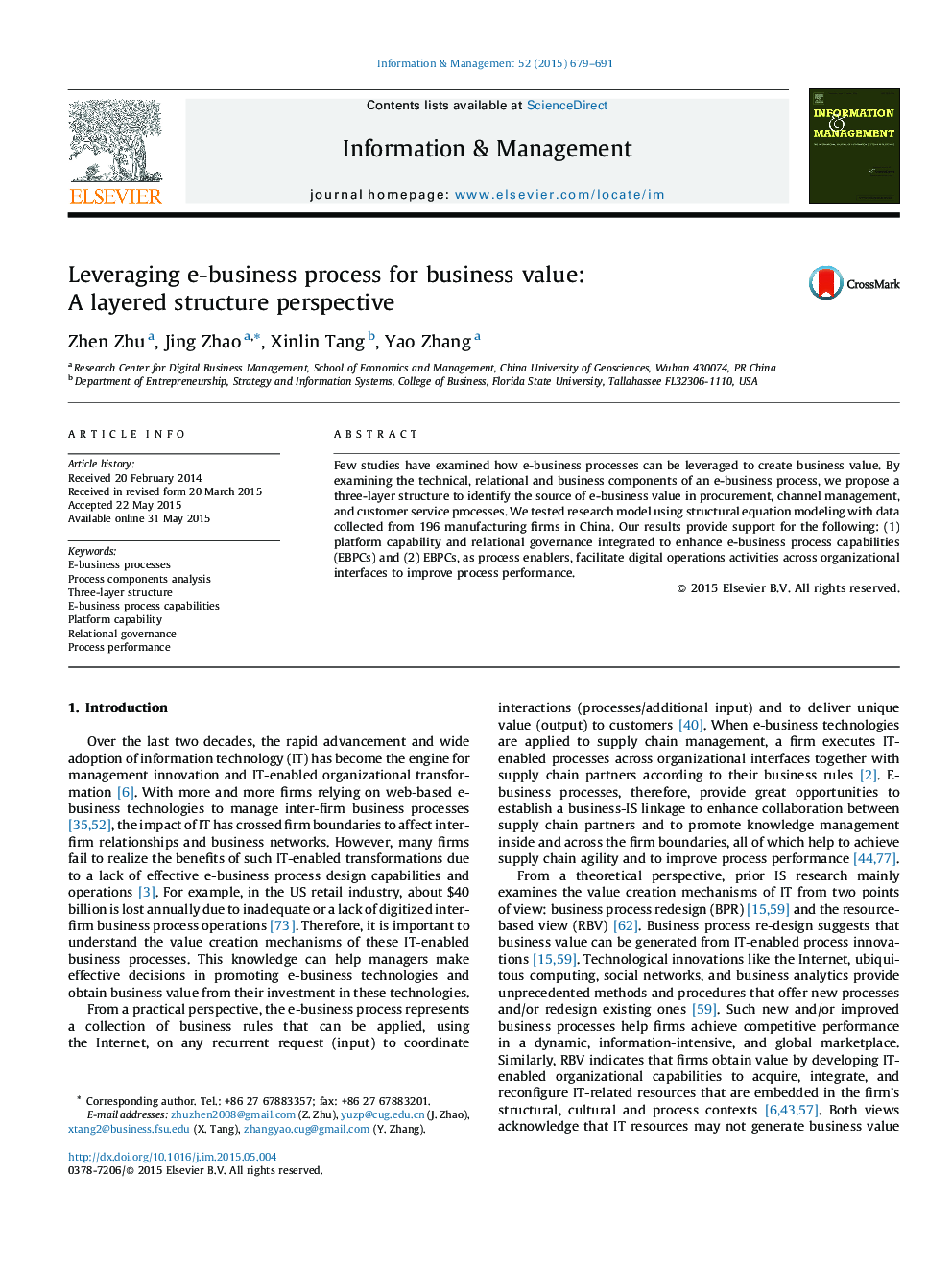 Leveraging e-business process for business value: A layered structure perspective