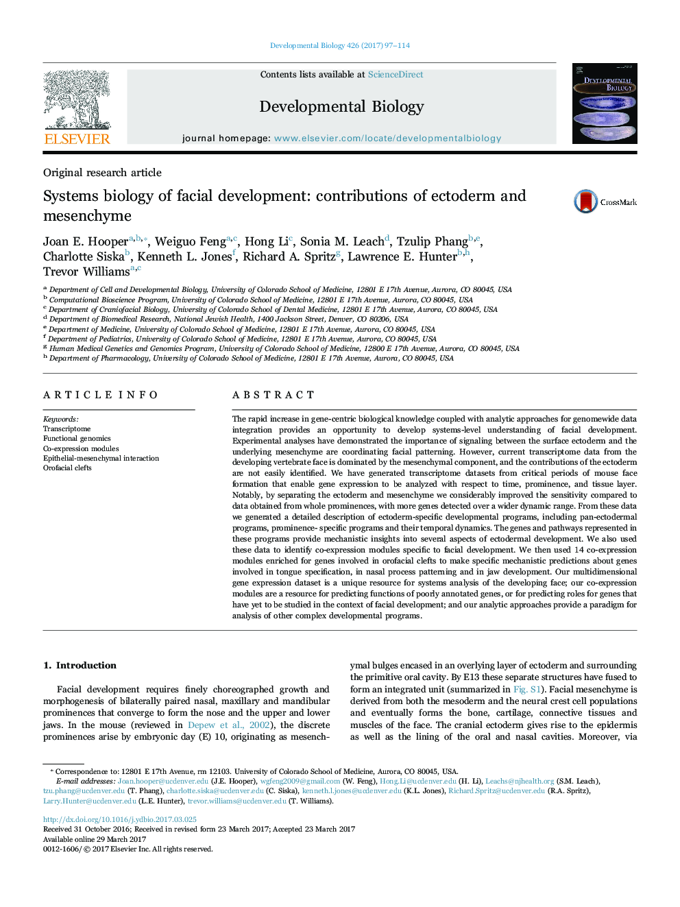 Original research articleSystems biology of facial development: contributions of ectoderm and mesenchyme