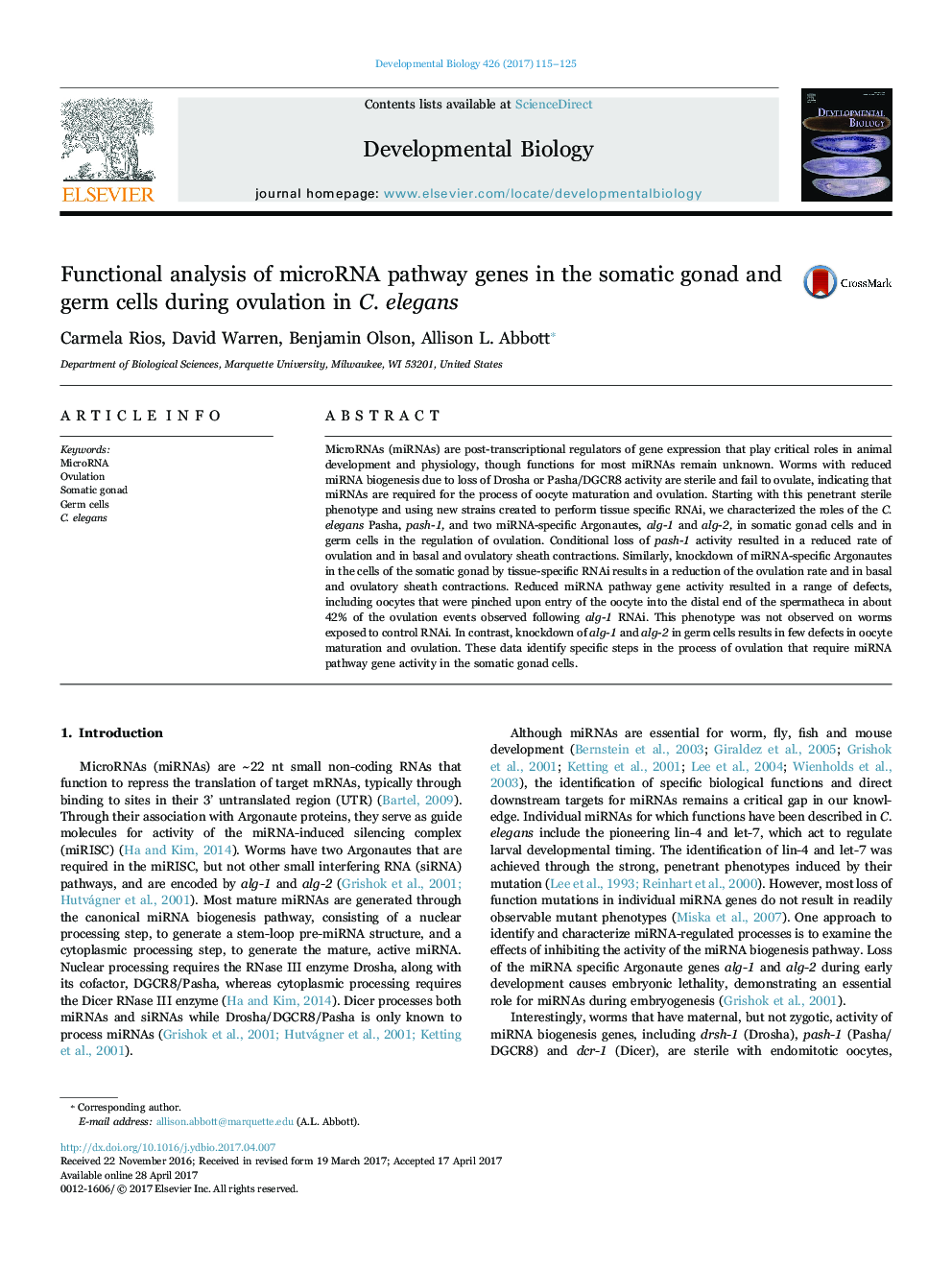 Functional analysis of microRNA pathway genes in the somatic gonad and germ cells during ovulation in C. elegans