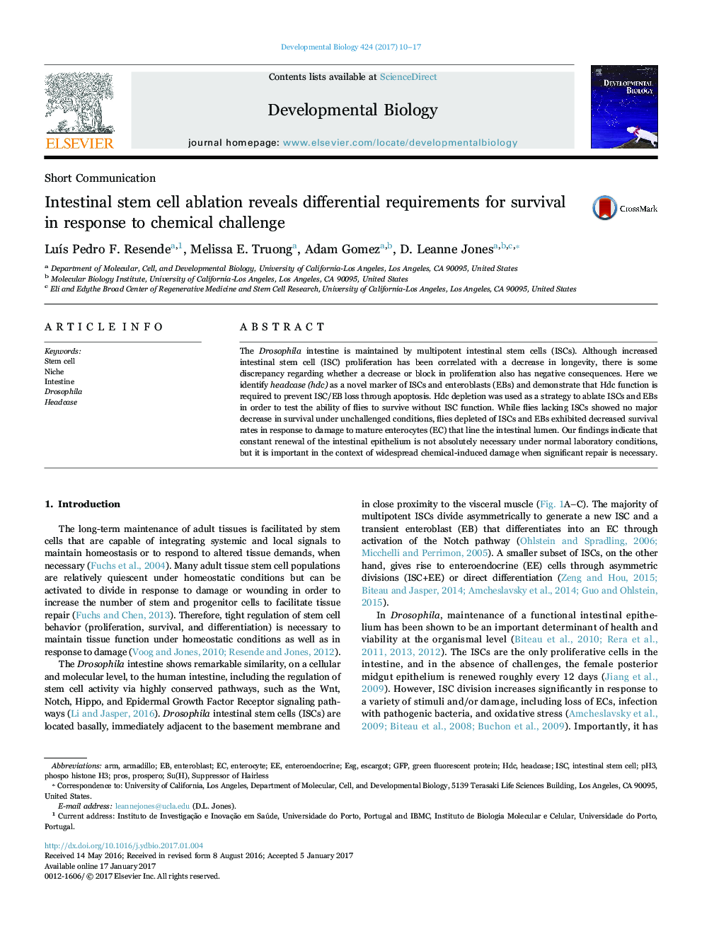 Short CommunicationIntestinal stem cell ablation reveals differential requirements for survival in response to chemical challenge