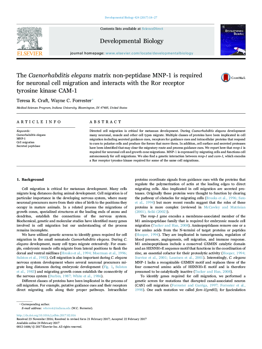 The Caenorhabditis elegans matrix non-peptidase MNP-1 is required for neuronal cell migration and interacts with the Ror receptor tyrosine kinase CAM-1