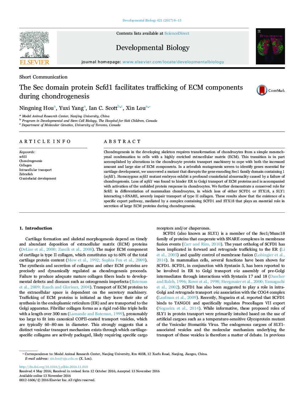 Short CommunicationThe Sec domain protein Scfd1 facilitates trafficking of ECM components during chondrogenesis