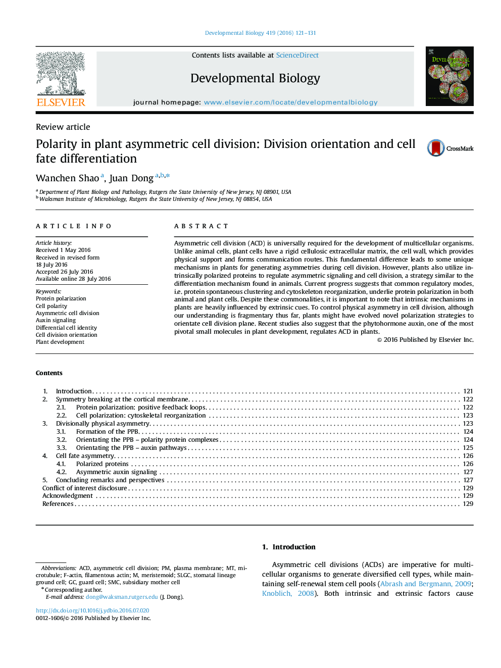 Review articlePolarity in plant asymmetric cell division: Division orientation and cell fate differentiation