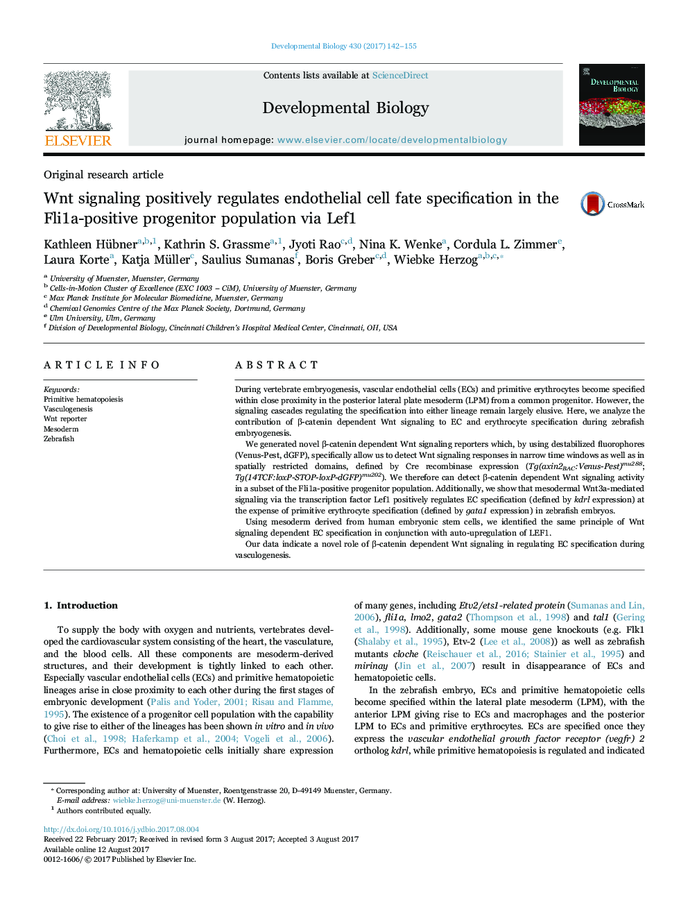 عکس صفحه اول مقاله: Original research articleWnt signaling positively regulates endothelial cell fate specification in the Fli1a-positive progenitor population via Lef1 Original research articleWnt signaling positively regulates endothelial cell fate specification in the Fli1a-positive progenitor population via Lef1