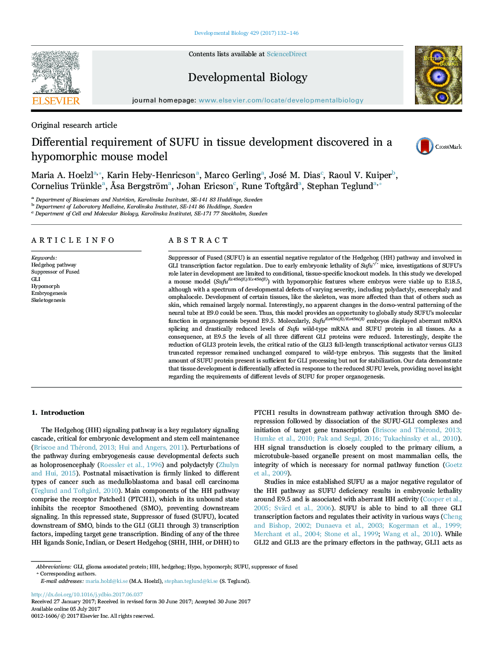 Original research articleDifferential requirement of SUFU in tissue development discovered in a hypomorphic mouse model