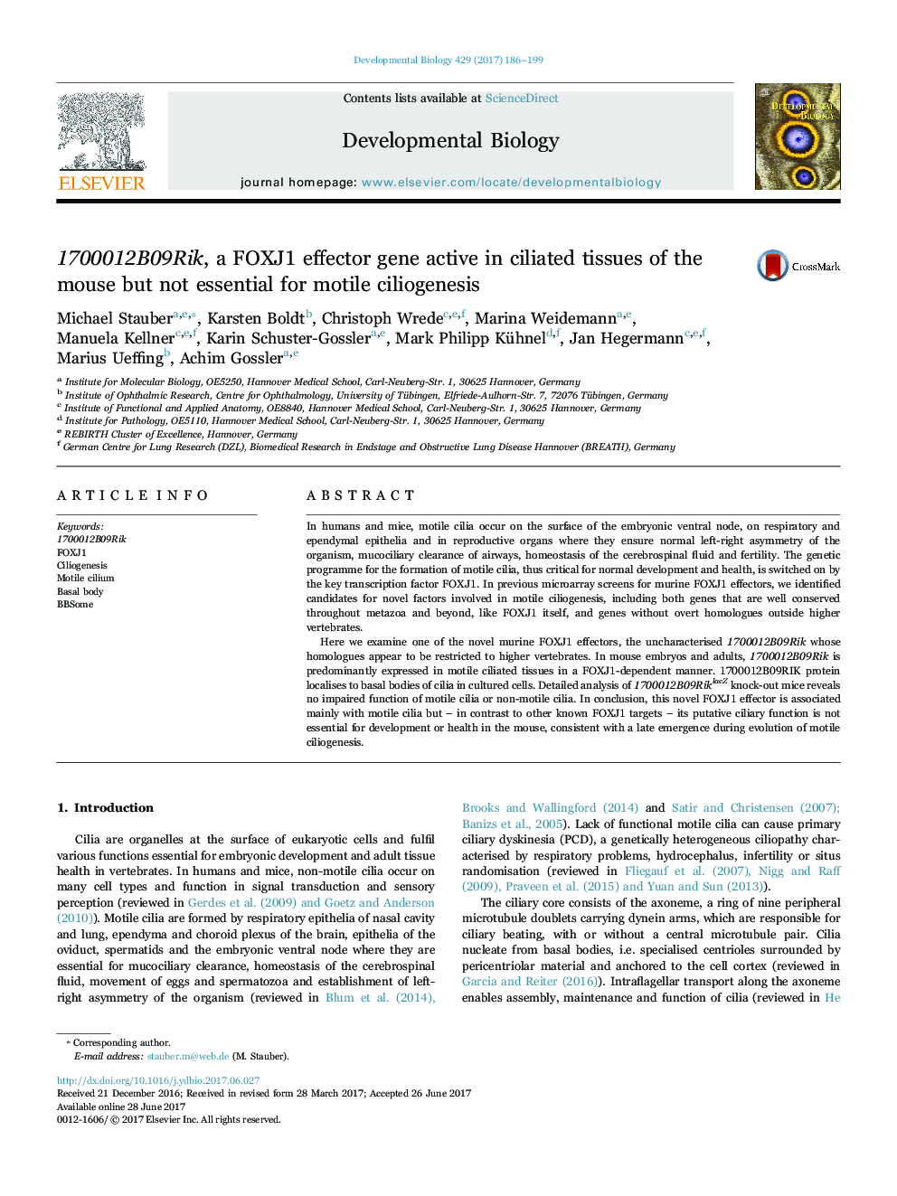 1700012B09Rik, a FOXJ1 effector gene active in ciliated tissues of the mouse but not essential for motile ciliogenesis