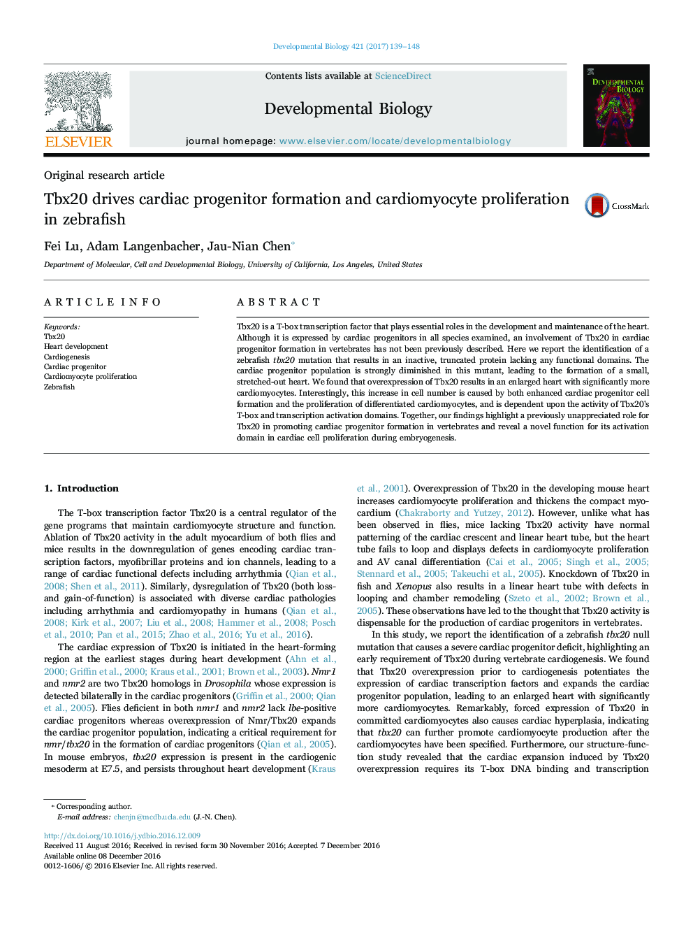 Original research articleTbx20 drives cardiac progenitor formation and cardiomyocyte proliferation in zebrafish