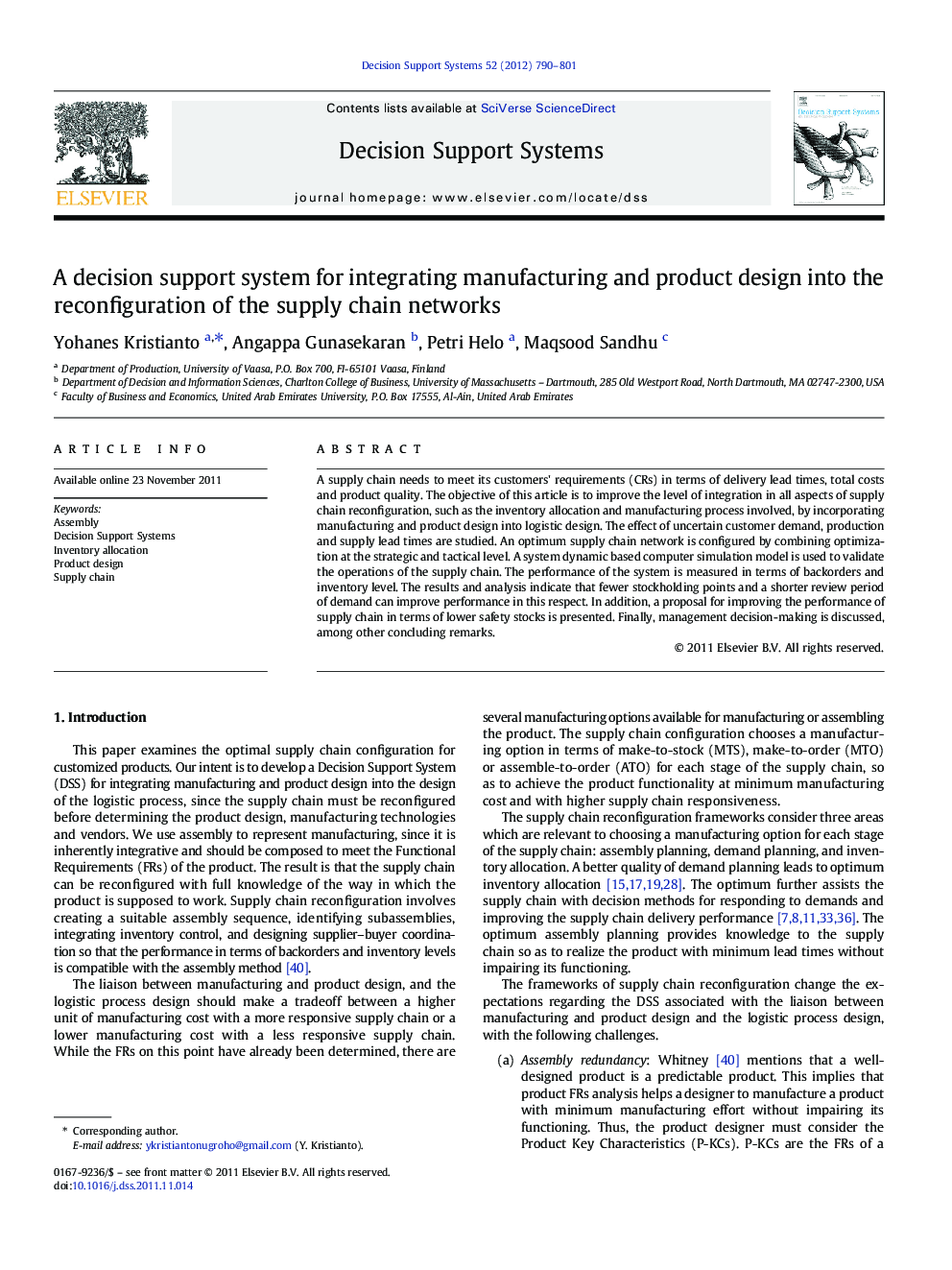 A decision support system for integrating manufacturing and product design into the reconfiguration of the supply chain networks