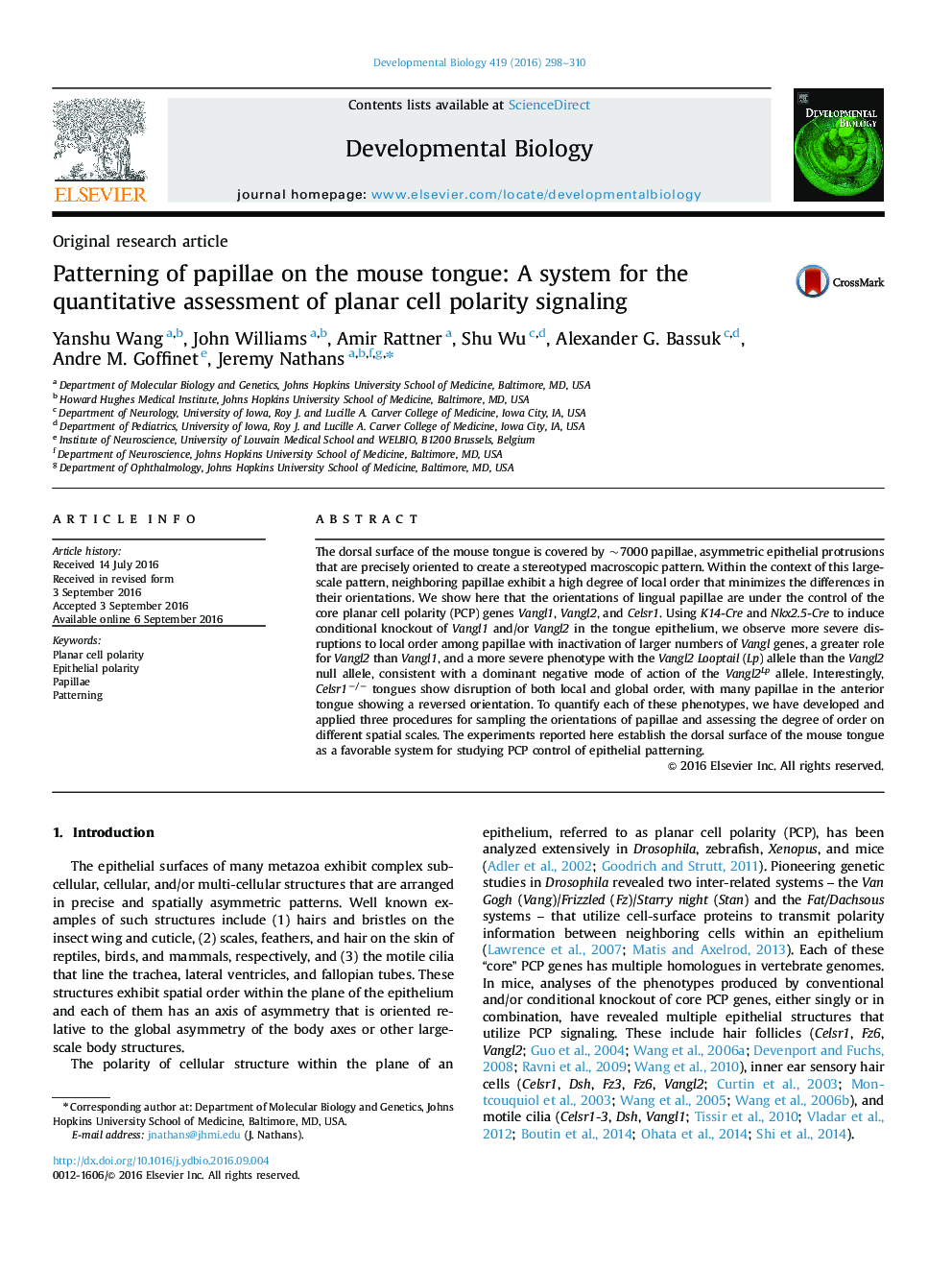 Original research articlePatterning of papillae on the mouse tongue: A system for the quantitative assessment of planar cell polarity signaling