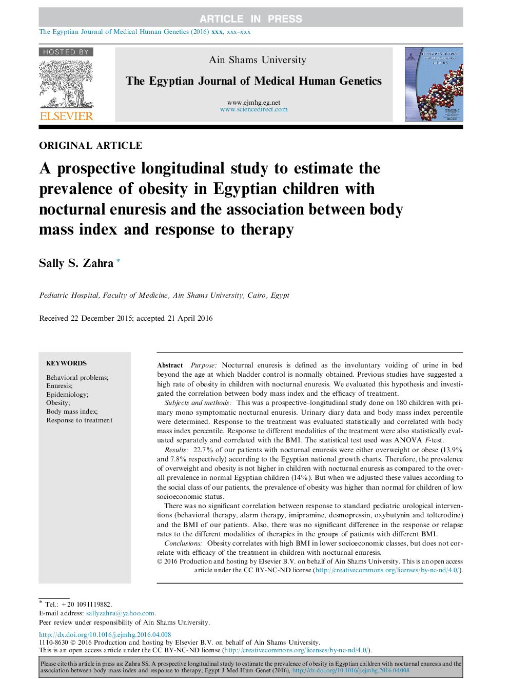 A prospective longitudinal study to estimate the prevalence of obesity in Egyptian children with nocturnal enuresis and the association between body mass index and response to therapy