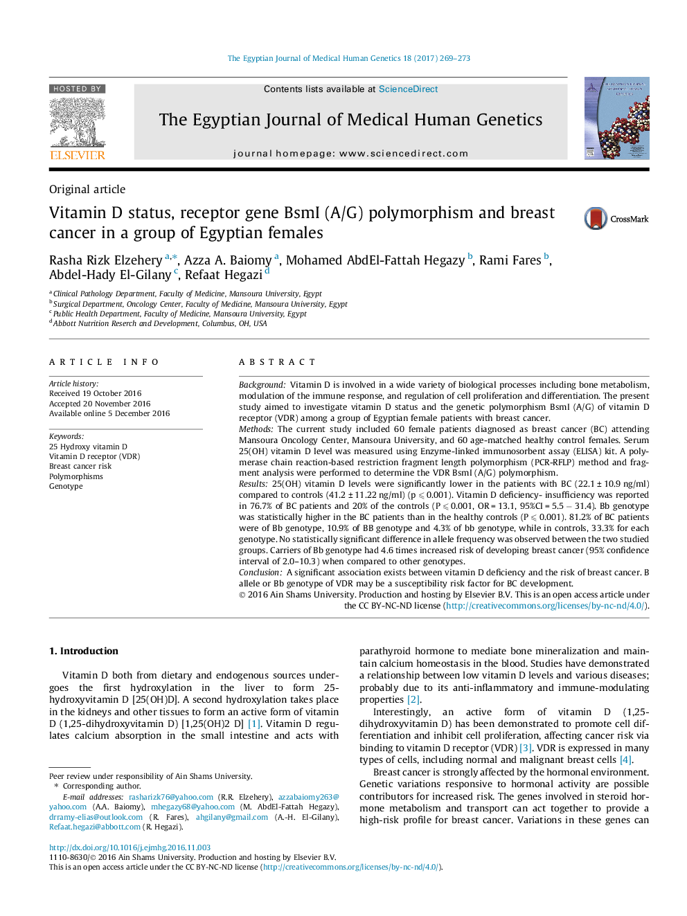 Vitamin D status, receptor gene BsmI (A/G) polymorphism and breast cancer in a group of Egyptian females