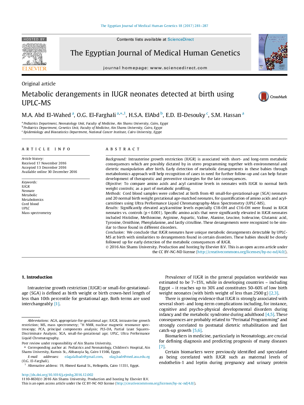 Metabolic derangements in IUGR neonates detected at birth using UPLC-MS