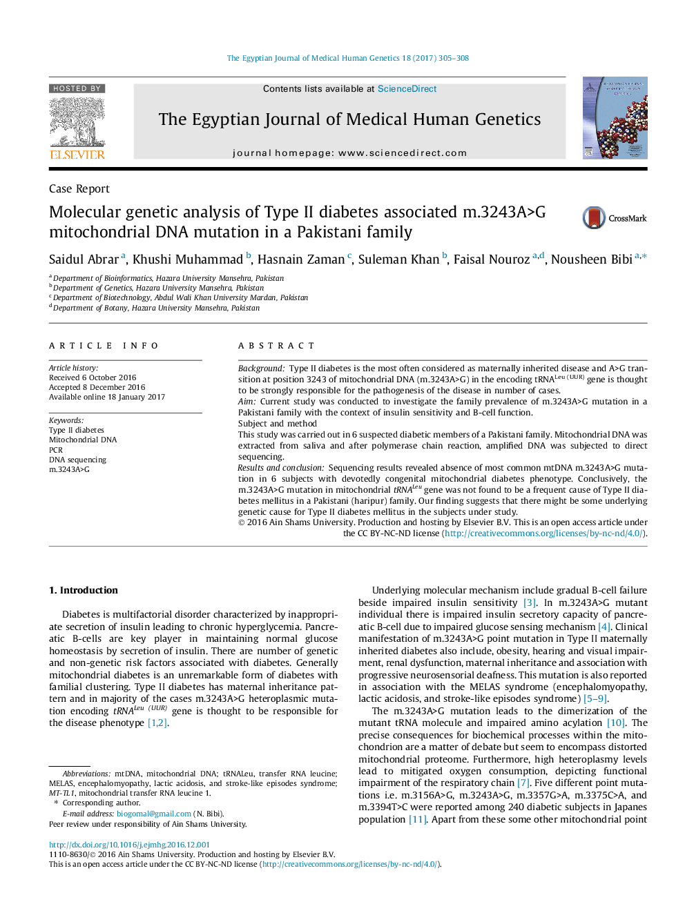 Molecular genetic analysis of Type II diabetes associated m.3243A>G mitochondrial DNA mutation in a Pakistani family